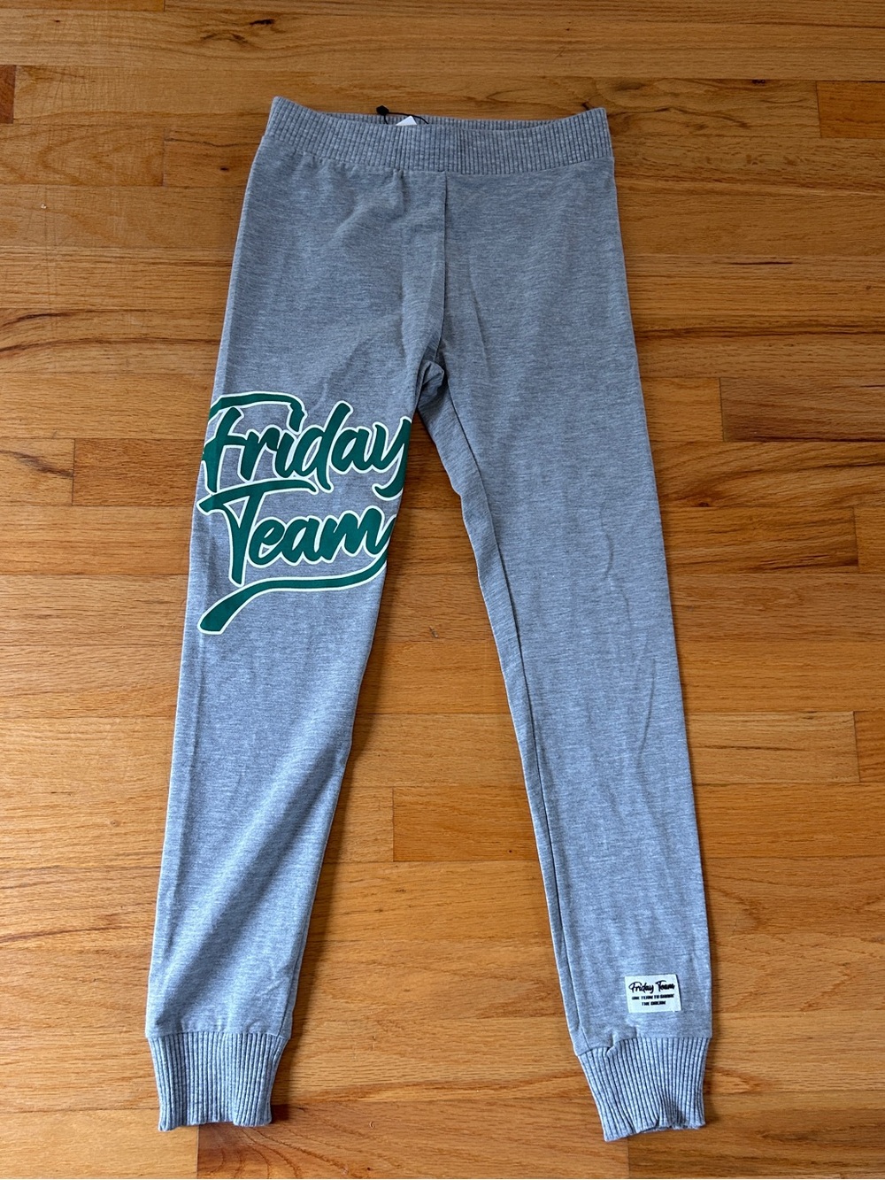 Zara Gray Leggings with Green 'Friday Team' Graphic